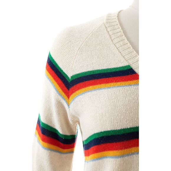 Vintage 1970s Sweater 70s Rainbow Striped Cream Knit Retro Pullover Top - Picture 7 of 9